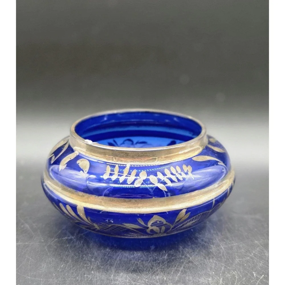 Vintage Cobalt Blue Italian Art Glass Silver Overlay Candy Dish Bowl 6